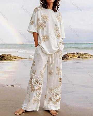 Women's Summer Resort Floral Embroidered Linen short-sleeved top & Pants Two-Piece Set   6008