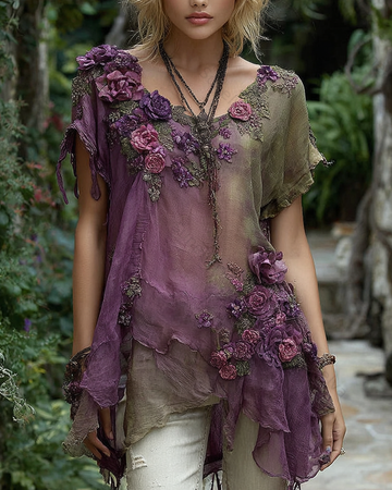 Women's Fashionable Floral Embroidered Asymmetrical Top 5226