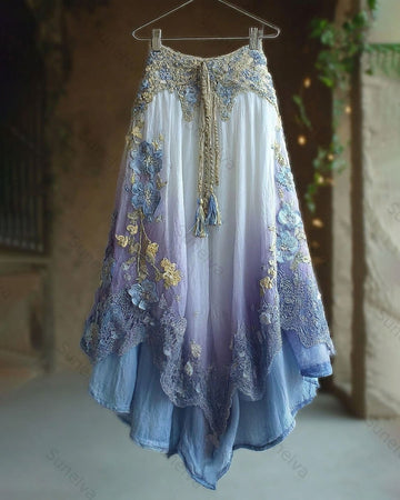 Women's Summer Floral Embroidered Gradient Lace-Panel Midi Skirt 1150