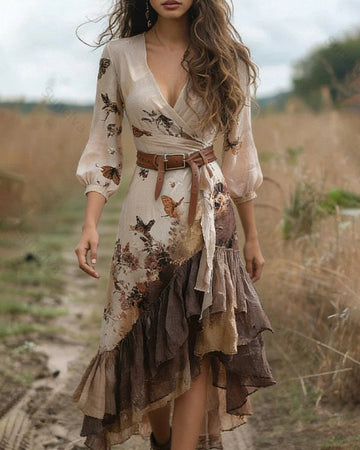 Women's elegant butterfly embroidered tie-dye irregular ruffled linen patchwork dress 2923