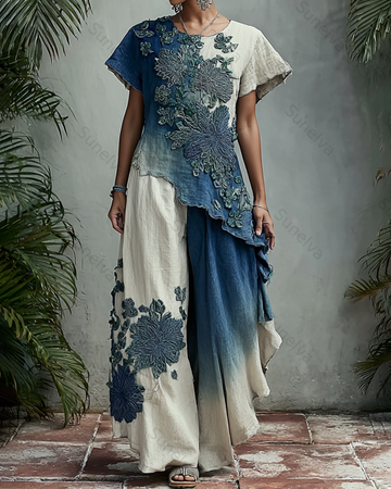 Women's Summer Gradient Floral Embroidered Blouse & Pants Two-Piece Set 8744