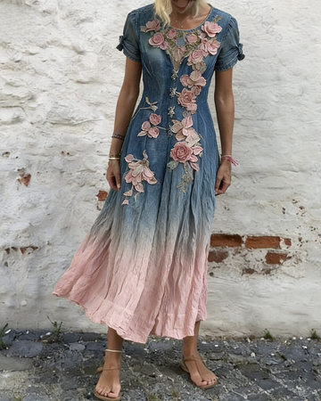Women's Vacation Irregular Ruffle Flowers Embroidery Patchwork Dress 8704