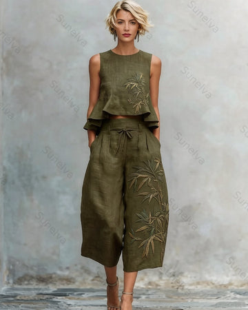 Women's Summer Vacation Bamboo Leaf Embroidered Linen Sleeveless Top & Pants Two-Piece Set 8105