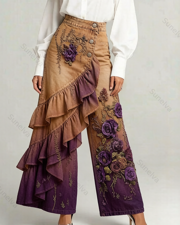 Women's Summer Elegant Floral Embroidery Ruffled Patchwork Gradient Denim Jeans  8653