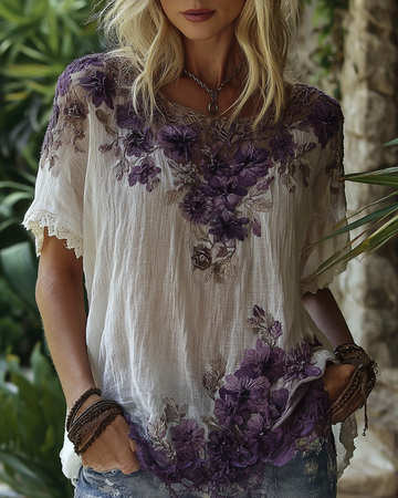 Women's Fashionable Floral Embroidered Asymmetrical Top 6136