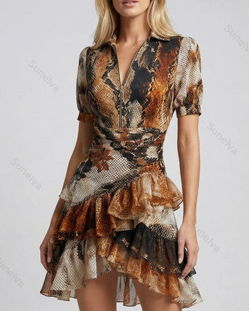Women's Summer Boho-Chic Asymmetrical Ruffle Leopard-Print Dress 9494