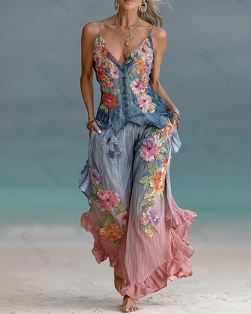 Floral Embroidery Gradient Elegant Two Piece Set 7243