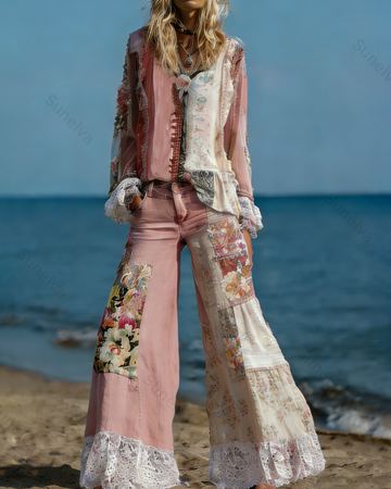 Women's Spring Resort Floral Embroidered Top & Pants Two-Piece Set6839