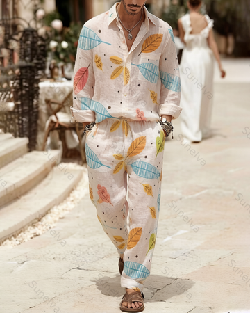Men's Fashion Color-Blocked Print Long-Sleeve Shirt and Pants Two-Piece Set 1359