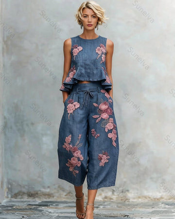 Women's Summer Resort Floral Embroidered Linen Sleeveless Top & Pants Two-Piece Set 7590