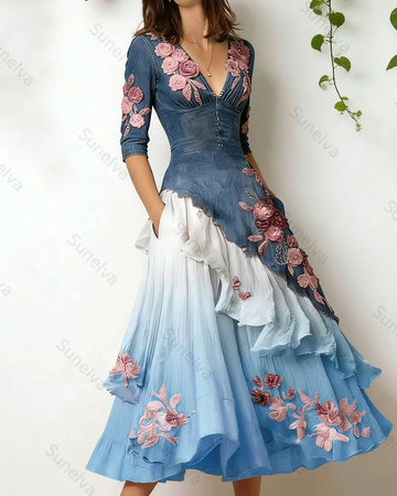 Women's Elegant Flowers Embroidery Irregular Ruffle Linen Patchwork Dress 1865