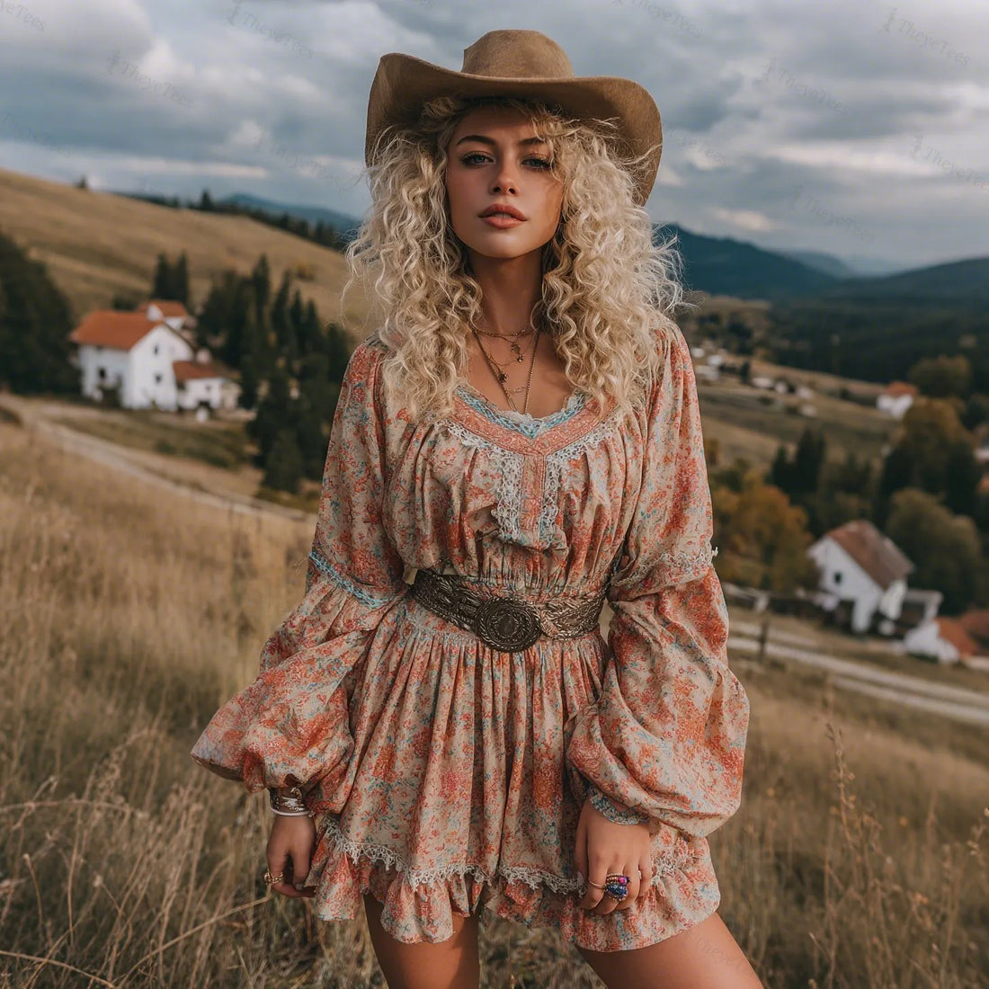 Women's Spring Outdoor Retro Style High Waist Romantic Floral V-Neck Dress