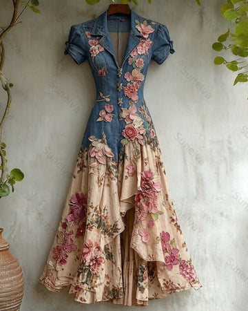 Women's Summer Flowers Embroidery Irregular Ruffle Linen Patchwork Dress 5811