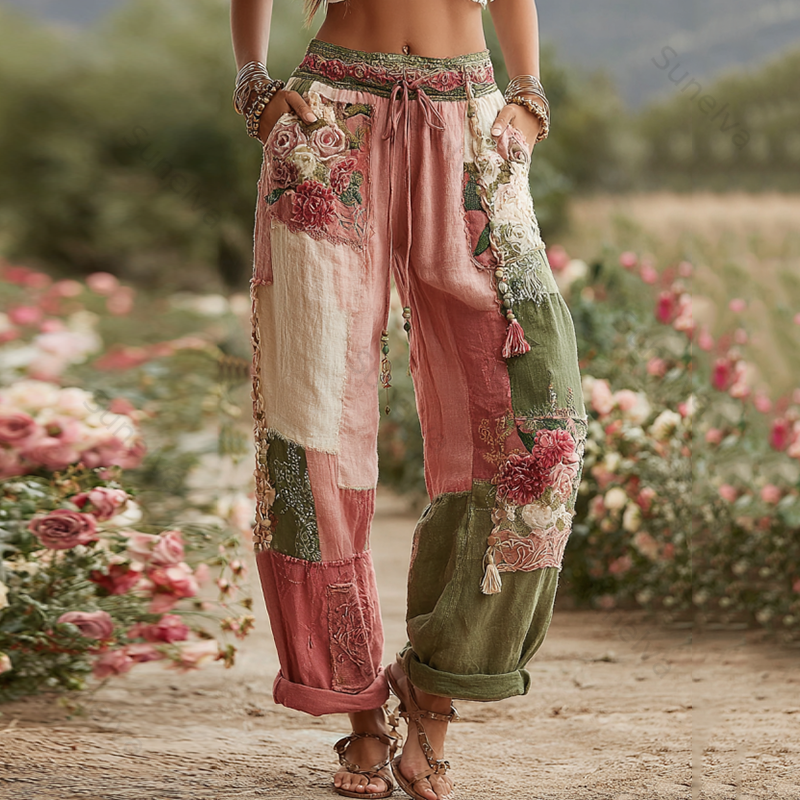 Love & Health Collection Retro Rose And Floral Patchwork Art Linen Pants b32c