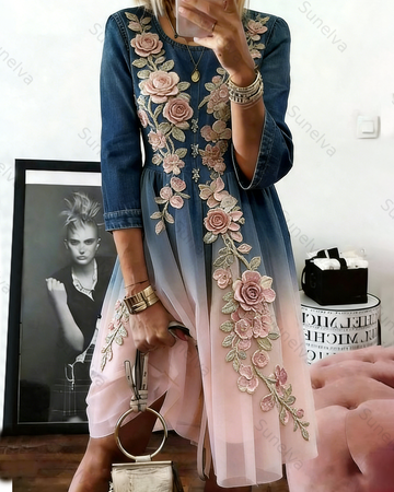 Women's Vacation Irregular Ruffle Flowers Embroidery Patchwork Dress 5850