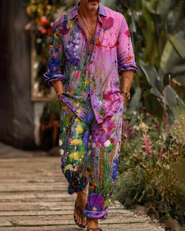 Men's Fashion Color-Blocked Print Long-Sleeve Shirt and Pants Two-Piece Set 2647