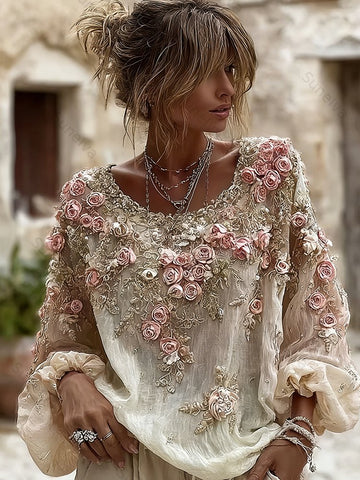 Women's Vintage Rose Embroidery Art Round Neck Long Sleeve Linen Blend T-shirt 33ff