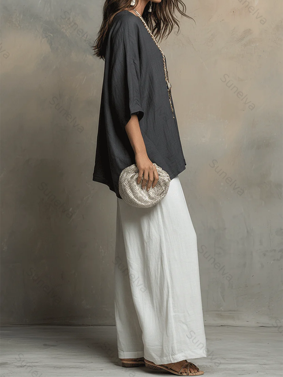 Cozy Cotton-linen Irregular Top And Wide-leg Pants Two-piece Set 95ff