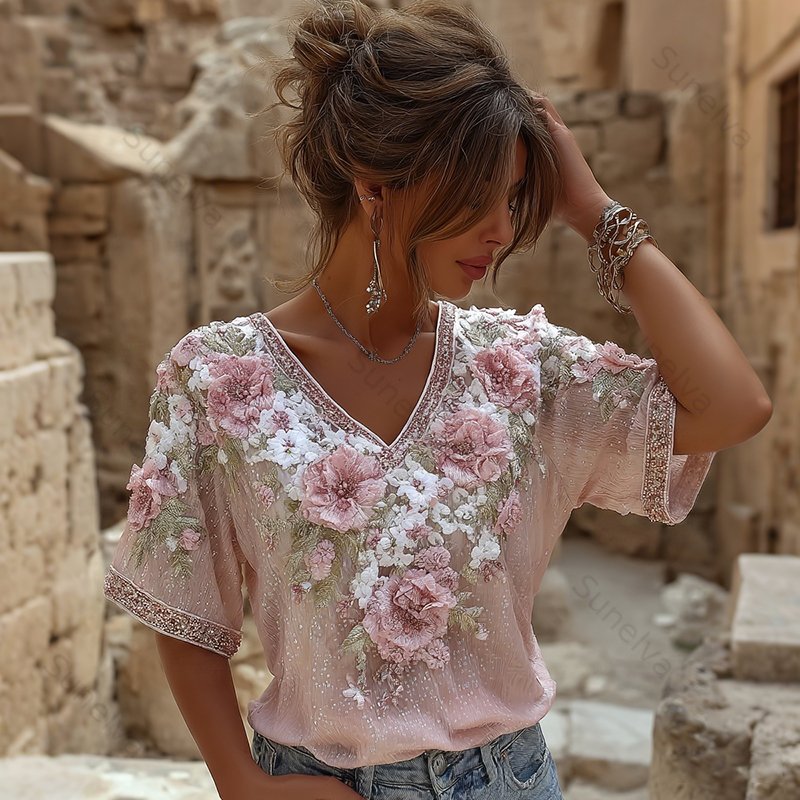 Women's Vintage Roses Embroidered Art V-neck Short Sleeved T-shirt a5ec