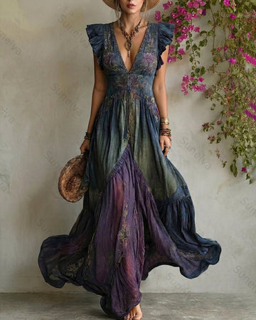 Women's Summer Elegant Floral Embroidered Patchwork Linen Dress 8879