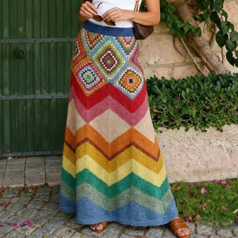 Vintage Classy Spring Vacation Rainbow Color Block Art Cozy Knitted Skirt