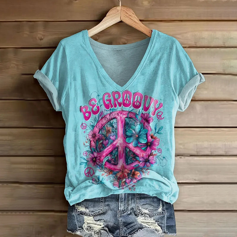Women's Floral Hippie Pattern Art Print V-neck T-shirt