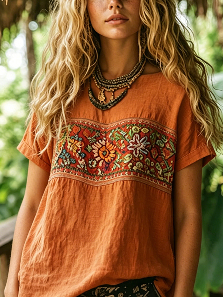 Women's Vintage Bohemian Floral Art Print Tshirt