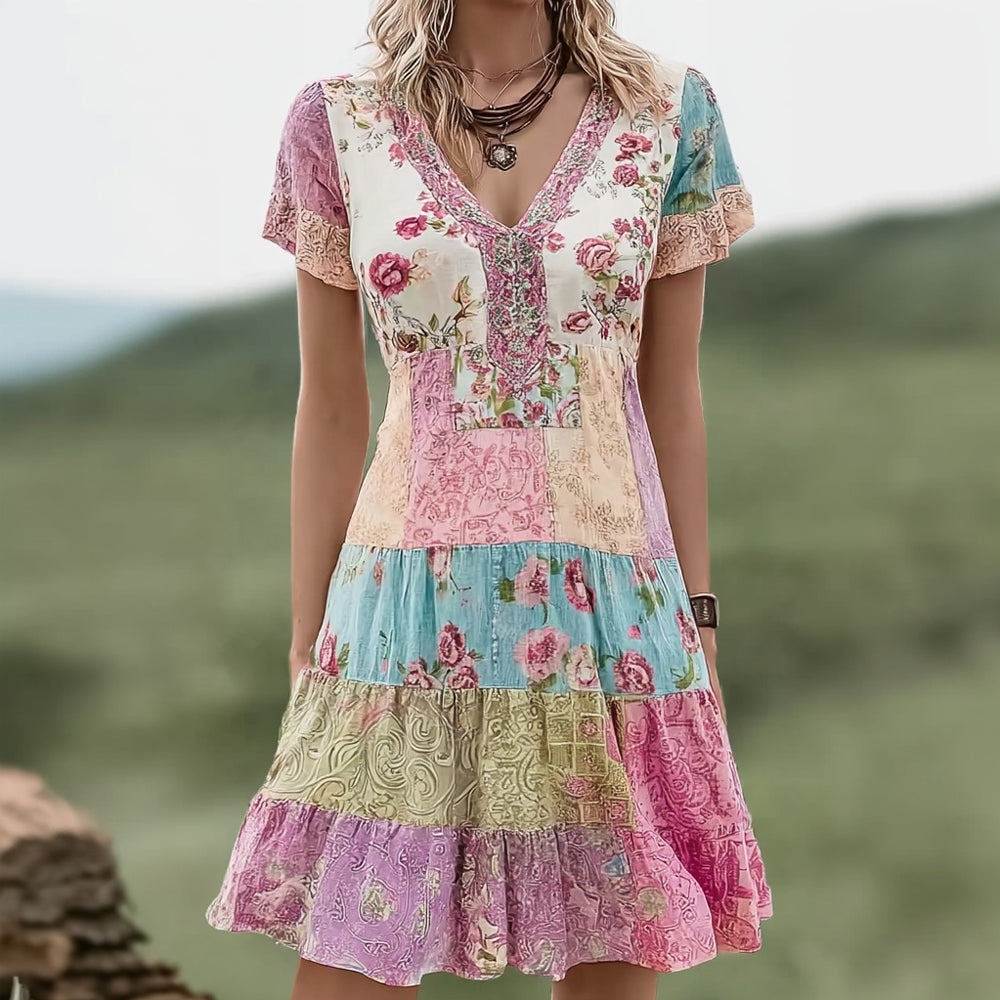 Vintage Boho Floral Patchwork Comfy Linen Midi Dress