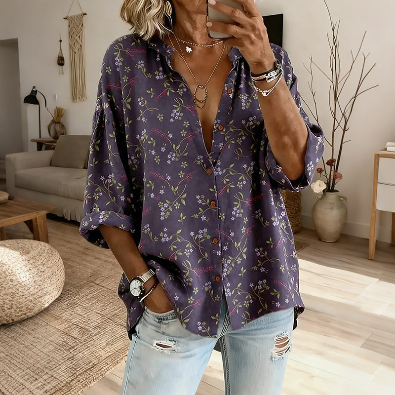 Women's Vintage Floral Pattern Art Print Flowy Linen Blend Shirts