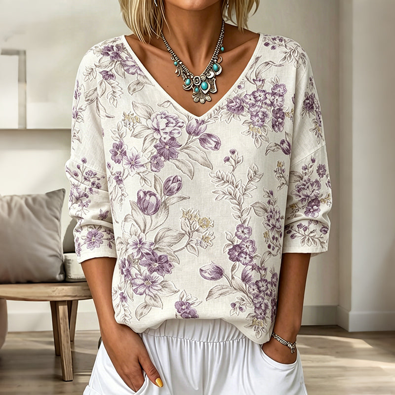 Women's Floral Art Print Flowy Linen Blend  Three-quarter Sleeve V Neck Linen Tops