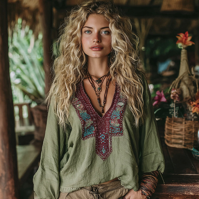 Women's Vacation Boho Tribal Ethnic Print V-neck Linen Blend Tops