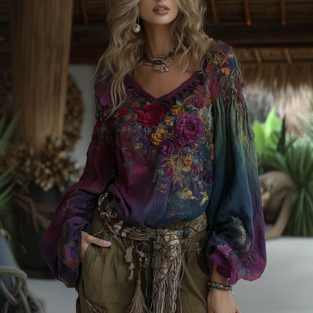 Women's Vintage Vacation Boho Floral Print V-neck Linen Blend Long Sleeve Tops