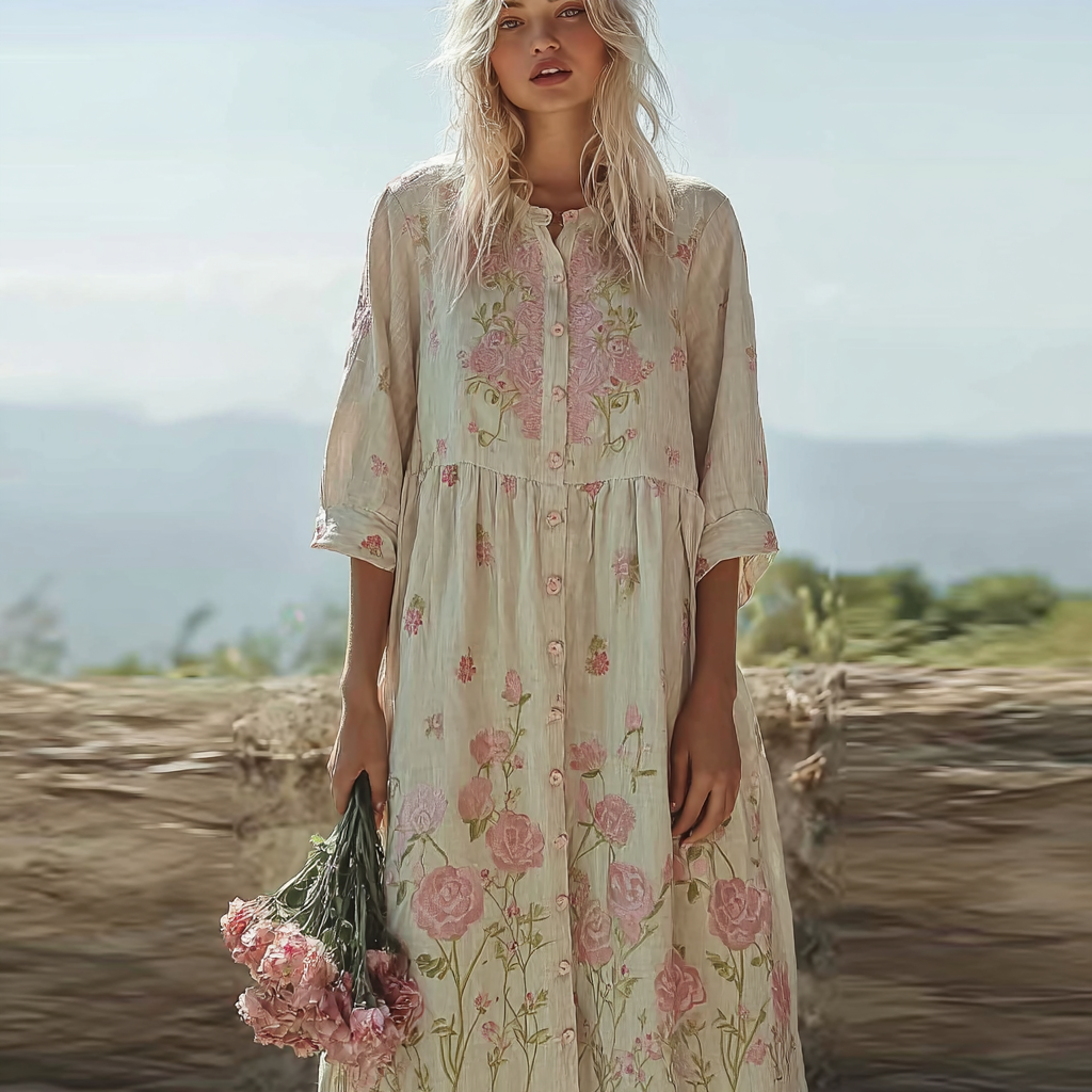 Light Pink Rose Embroidered Pattern Women's Casual Linen Dress