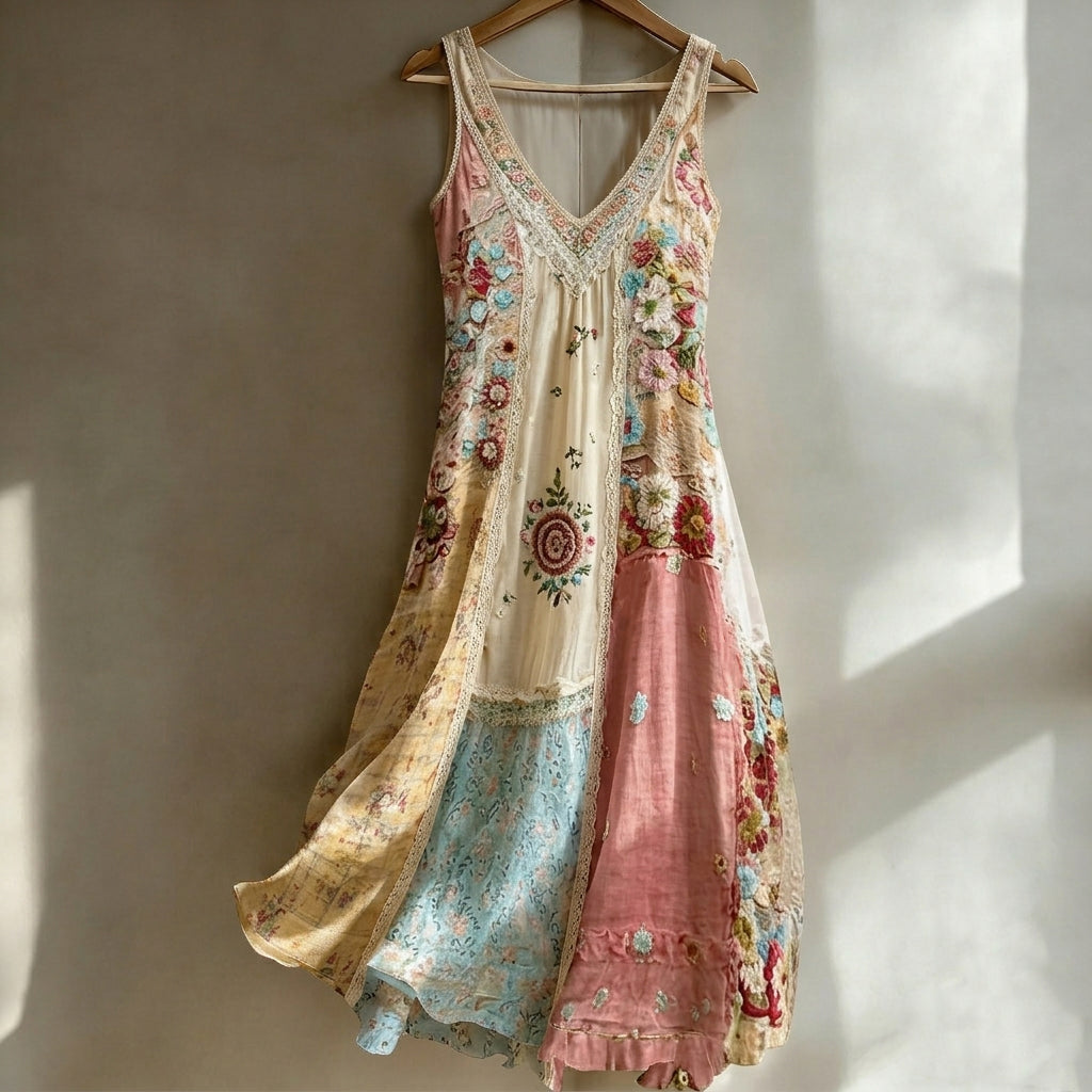 Women's Bohemian Floral Patchwork Sleeveless V-neck Dress